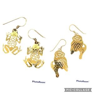 Wild Bryde 2 pair lot leopard frog owl French wire dangle earrings 14k plated